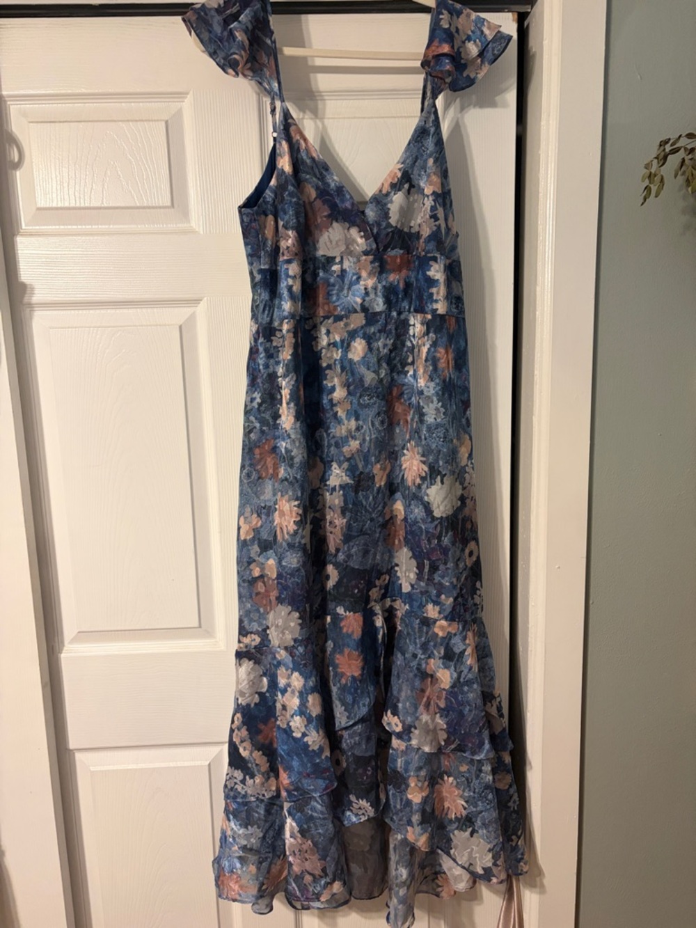 Anthropologie Blue Floral Ruffle-Strap Prom Dress